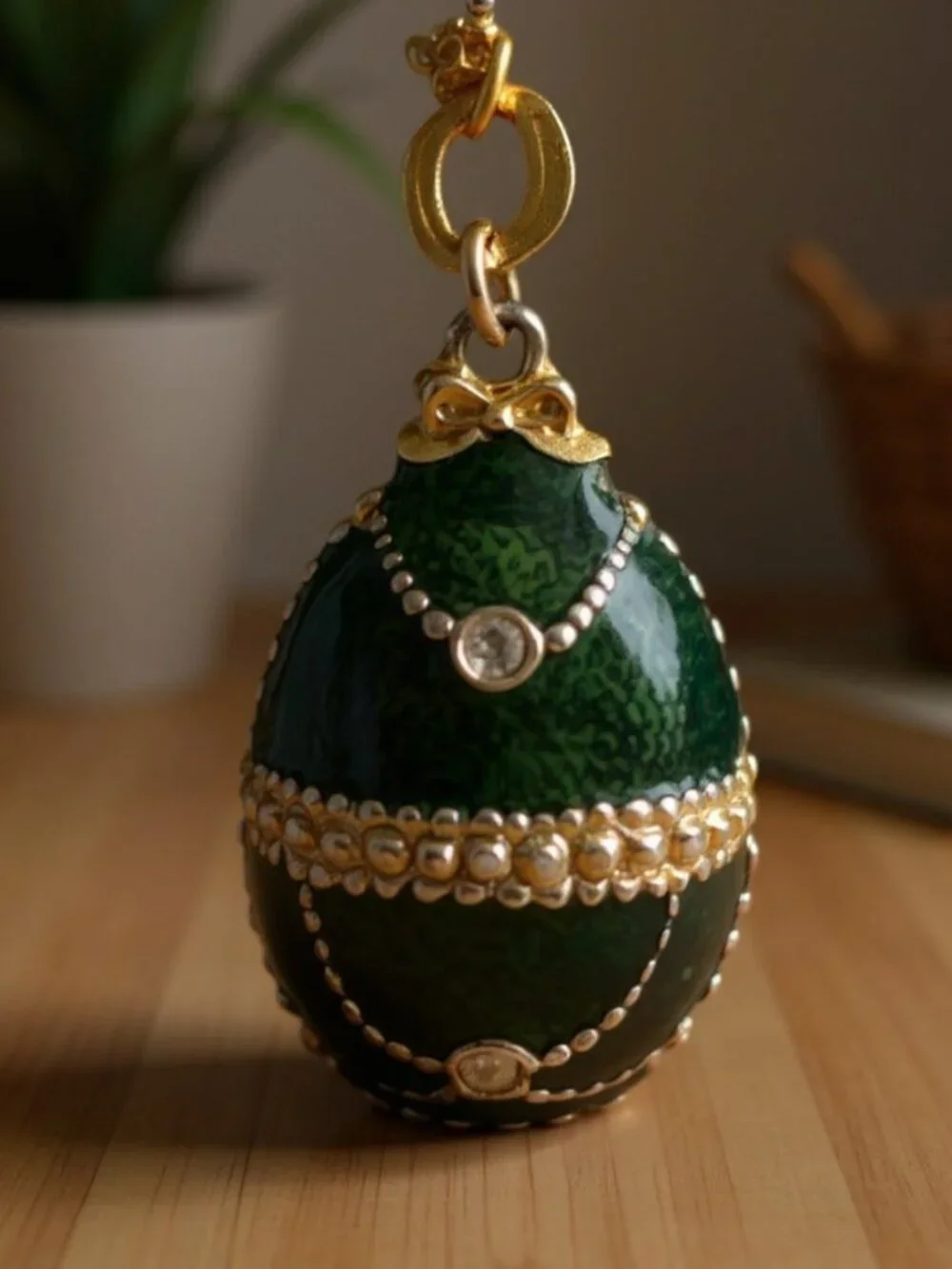 Faberge Egg Necklace Emerald Green Pendant Gold Tone Stainless Steel 18